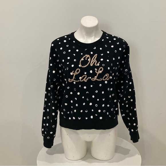 Betsey Johnson Tops - BETSEY JOHNSON Black White Polka Dot “Oh La La” Gold embroidery Sweatshirt M